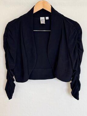 Marc Bouwer Black Cropped Bolero Shrug, Ruched Long Sleeves, Shawl Collar, Sz L